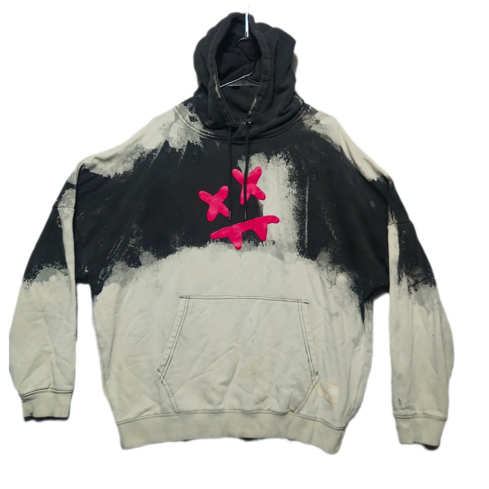 SIKSILK Steve Aoki Hoodie Mens Large Black Gray Bleached Tie Dye Pink Puff Logo